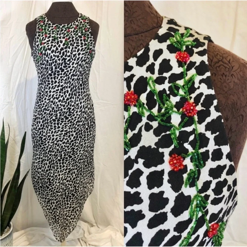 Vintage 1990s Jessica Howard Sleeveless Animal Print Beaded Midi Dress - Picture 1 of 16